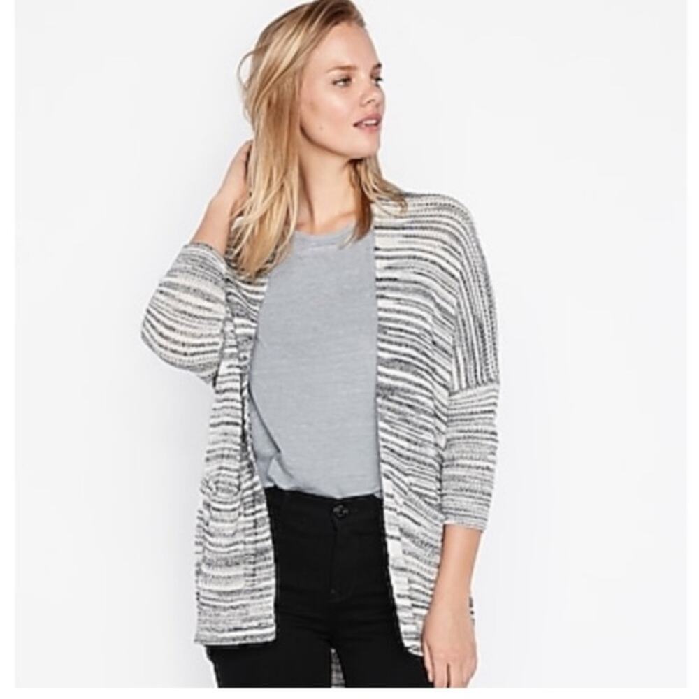 Express Fine Knit Open Cardigan Space Dye 3/4 Sleeve Size S Front Pockets